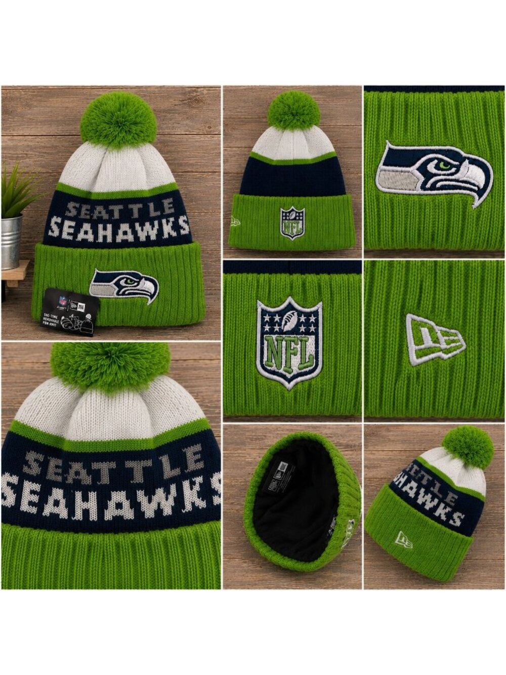 Seattle Seahawks Pom Knit Beanie Hat By New Era Green/White/Navy NFL Official